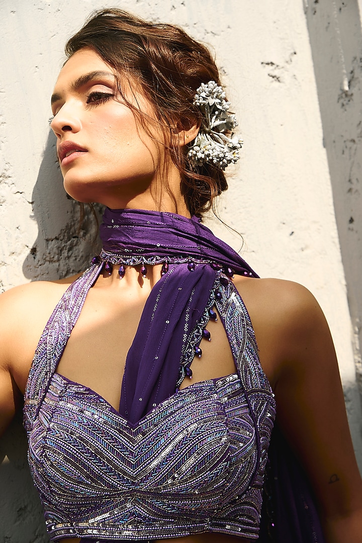 Purple Georgette & Raw Silk Sequins Embroidered Gusset Pre-Stitched Wedding Saree Set by Chamee and Palak at Pernia's Pop Up Shop