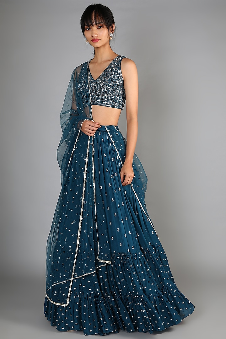 Deep Blue Embroidered Lehenga Set by Chamee and Palak