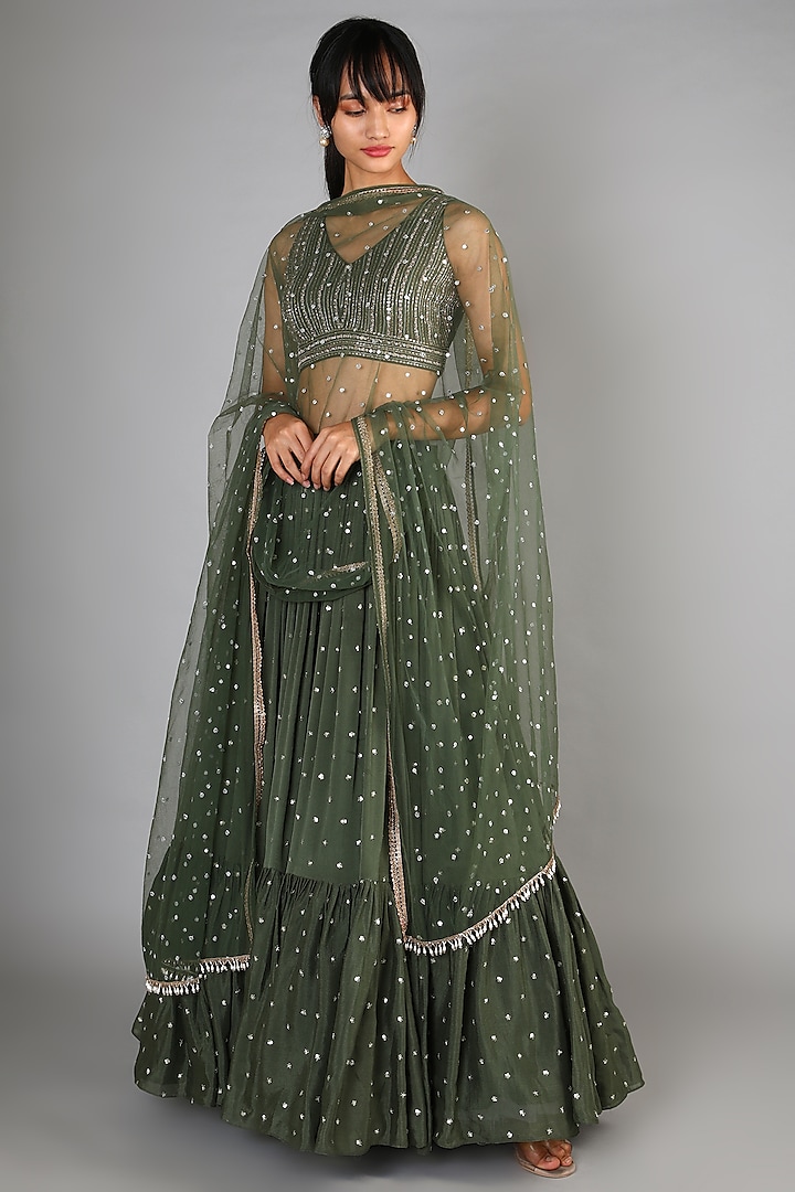Basil Green Georgette Embroidered Lehenga Set by Chamee and Palak