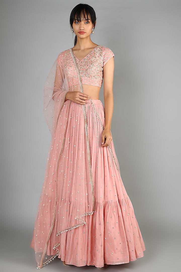 Dusty Pink Embroidered Lehenga Set by Chamee and Palak