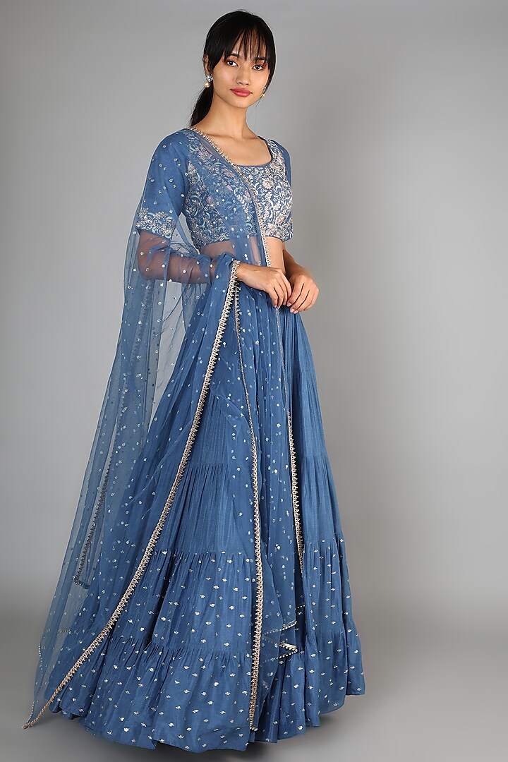 Tara Blue Embroidered Lehenga Set by Chamee and Palak