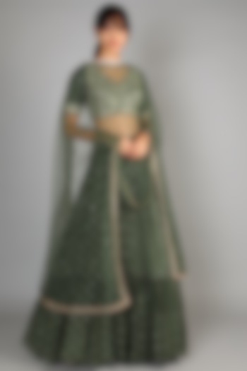 Basil Green Flared Embroidered Lehenga Set by Chamee and Palak