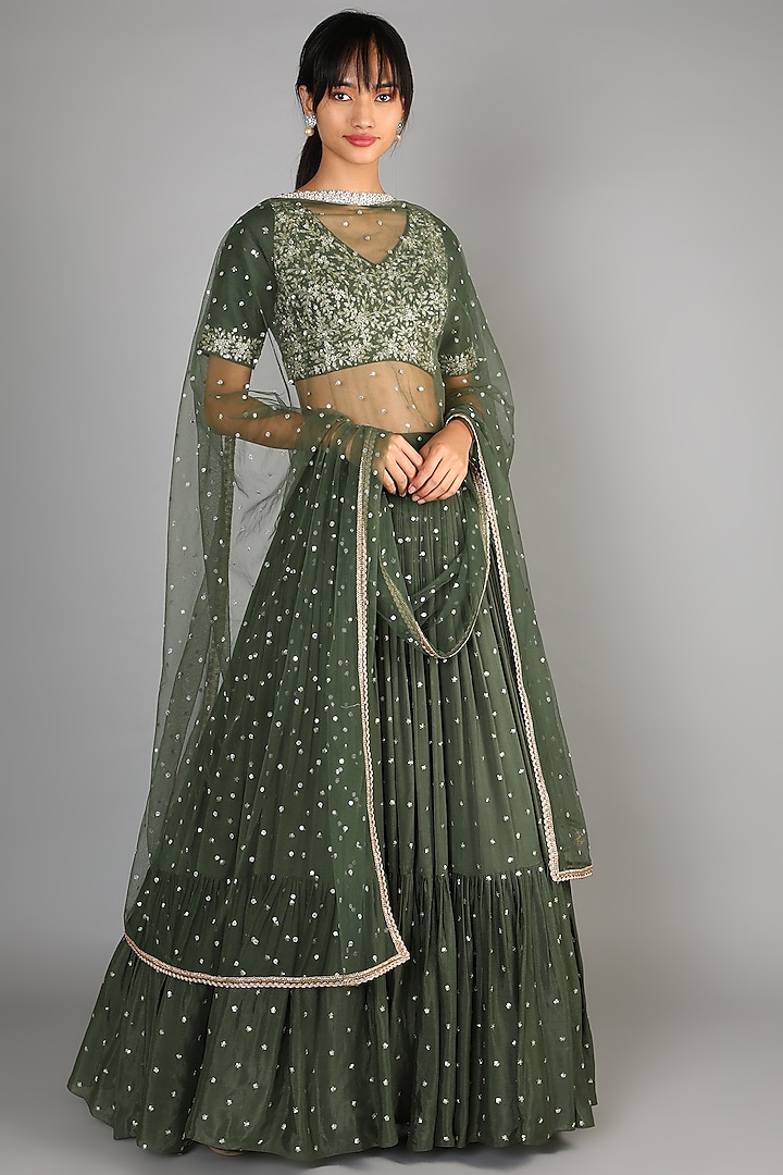 Basil Green Flared Embroidered Lehenga Set by Chamee and Palak