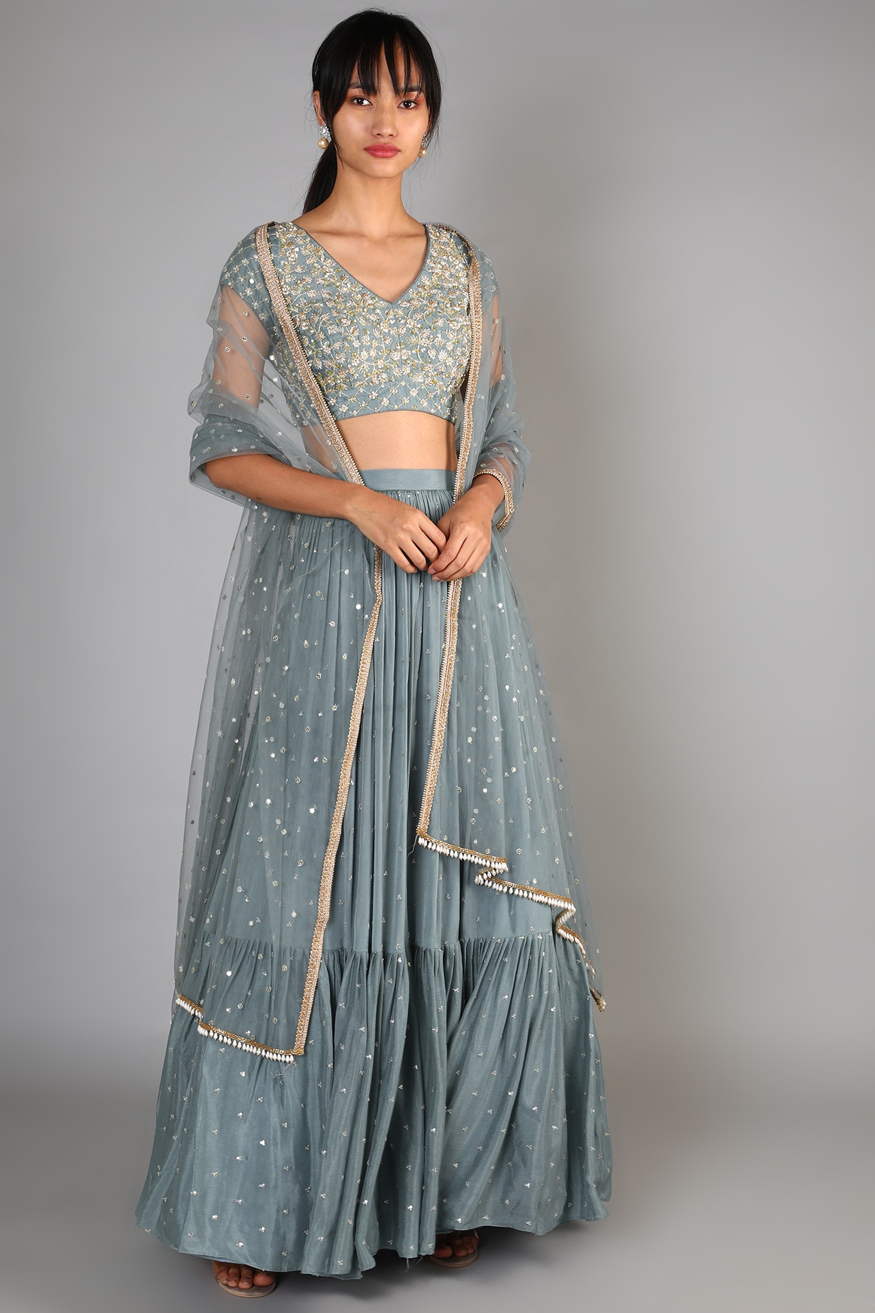 Blue Georgette Tiered Lehenga Set Design by Chamee and Palak at Pernia's  Pop Up Shop 2024