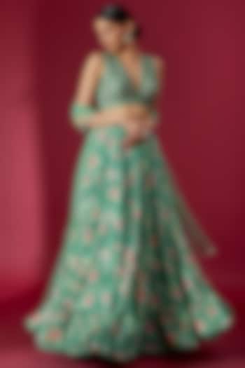 Green Georgette Floral Printed Wedding Lehenga Set by Chamee and Palak at Pernia's Pop Up Shop