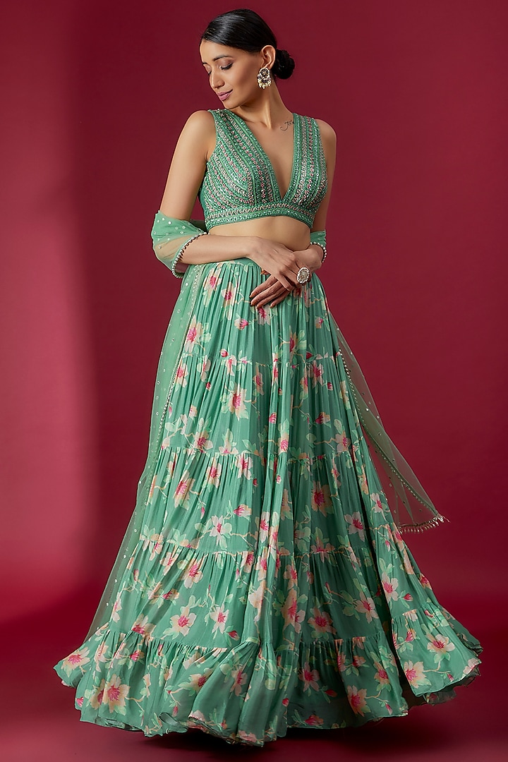 Green Georgette Floral Printed Wedding Lehenga Set by Chamee and Palak at Pernia's Pop Up Shop
