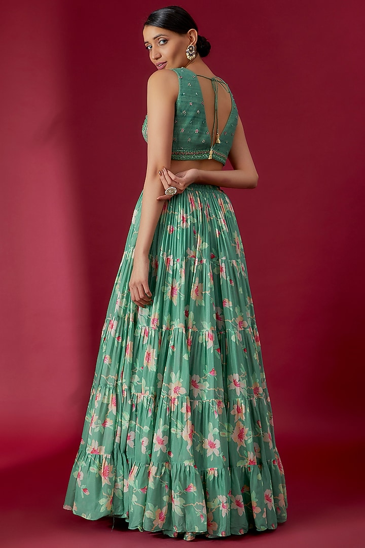 Green Georgette Floral Printed Wedding Lehenga Set by Chamee and Palak at Pernia's Pop Up Shop