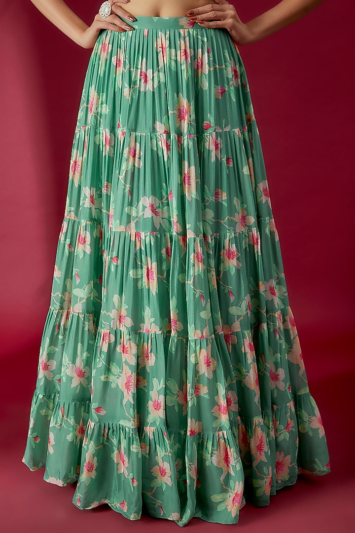 Green Georgette Floral Printed Wedding Lehenga Set by Chamee and Palak at Pernia's Pop Up Shop