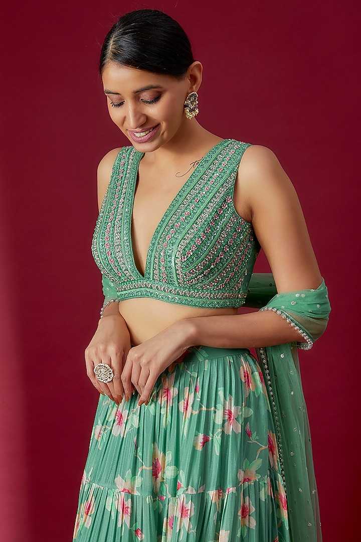 Green Georgette Floral Printed Wedding Lehenga Set by Chamee and Palak at Pernia's Pop Up Shop