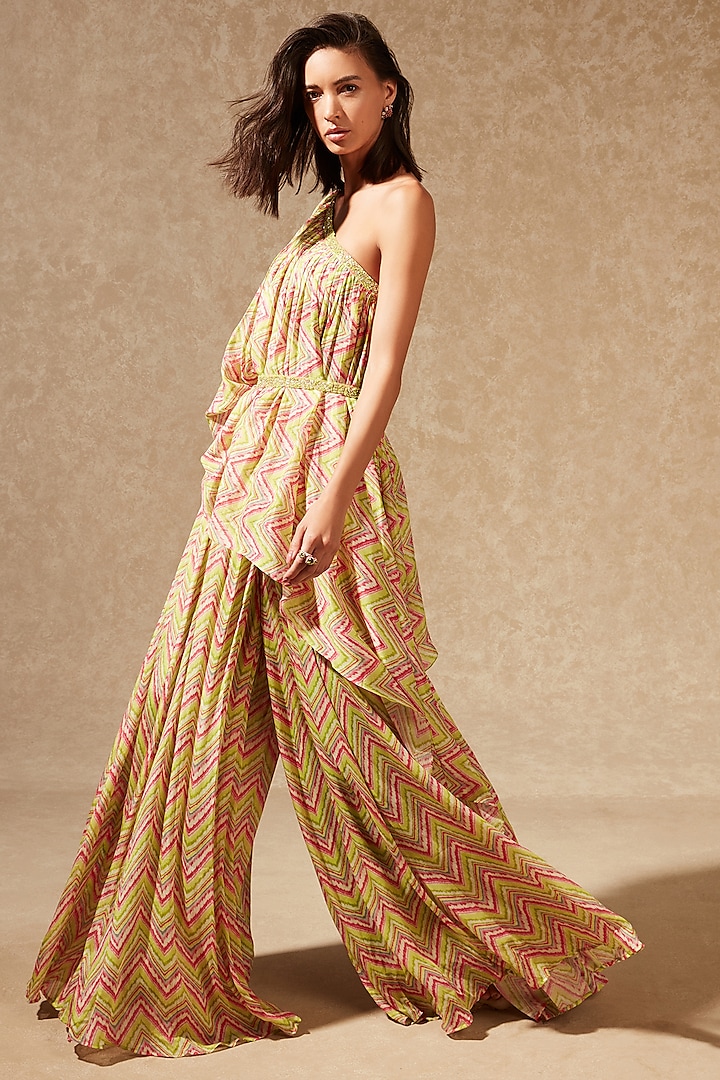 Beige Printed & Embroidered Pant Set by Chamee and Palak