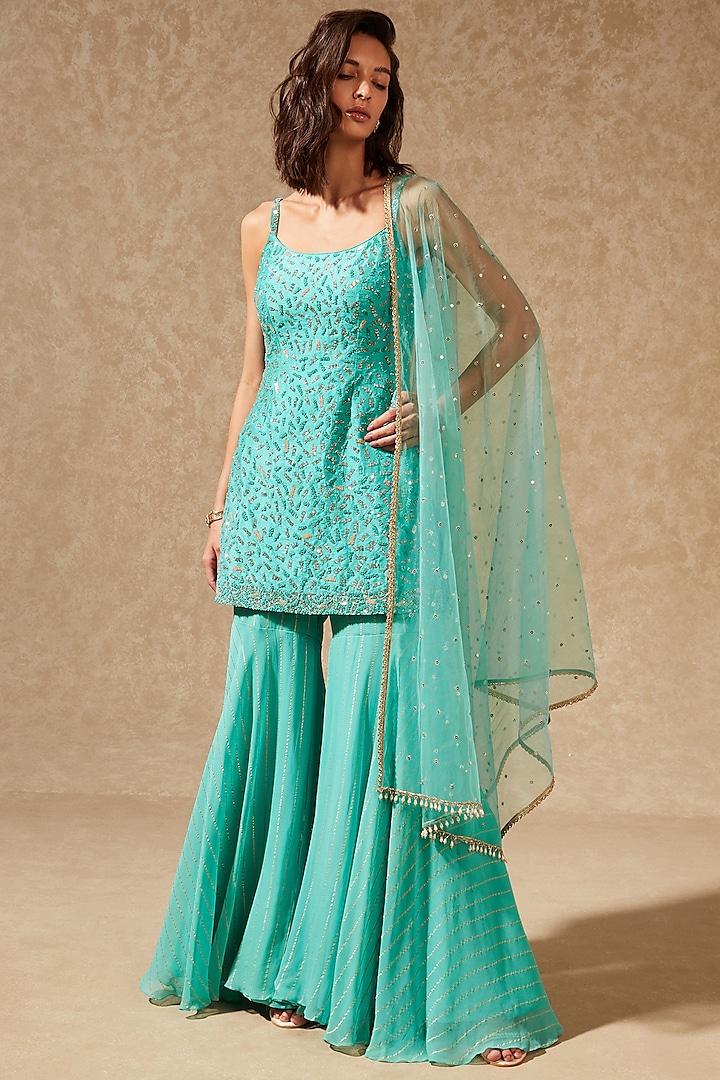 Turquoise Hand Embroidered Kurta Set by Chamee and Palak at Pernia's Pop Up Shop