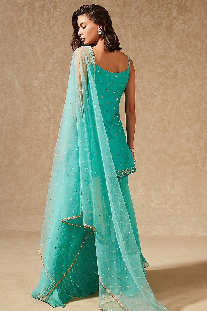 Turquoise Hand Embroidered Kurta Set by Chamee and Palak at Pernia's Pop Up Shop