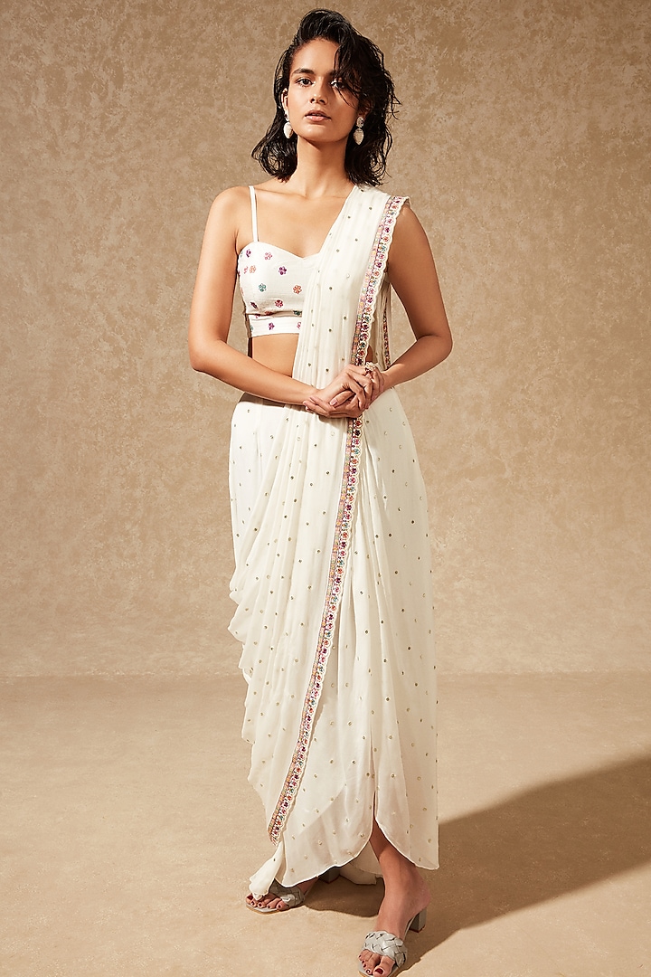 White Geoergette Sequins Embroidered Pre-Stitched Saree Set by Chamee and Palak