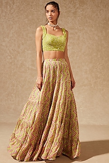 Light Olive Chevron Printed Lehenga Set by Chamee and Palak-TROUSSEAU