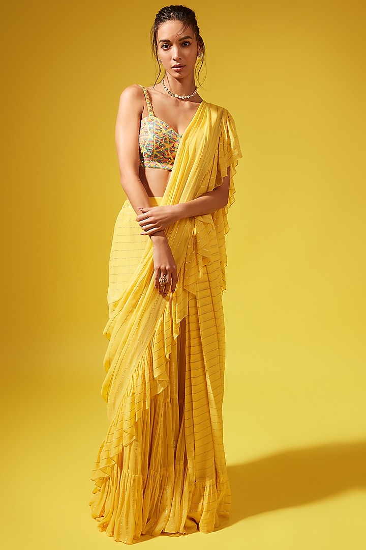 Yellow Georgette Pre-Stitched Saree Set by Chamee and Palak
