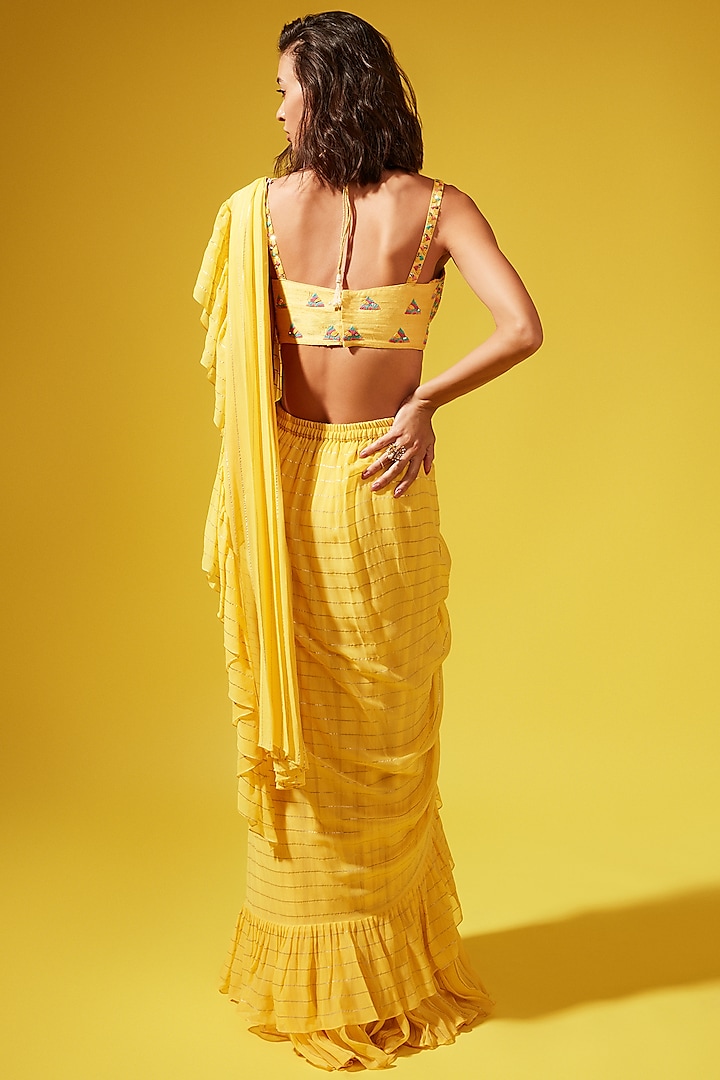 Yellow Georgette Pre-Stitched Wedding Saree Set by Chamee and Palak at Pernia's Pop Up Shop
