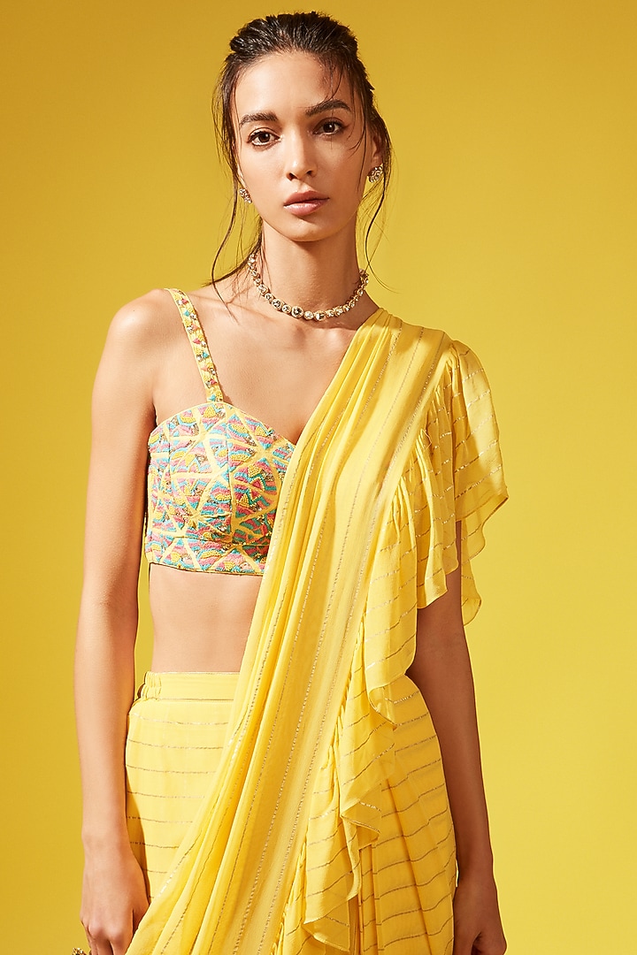 Yellow Georgette Pre-Stitched Wedding Saree Set by Chamee and Palak at Pernia's Pop Up Shop