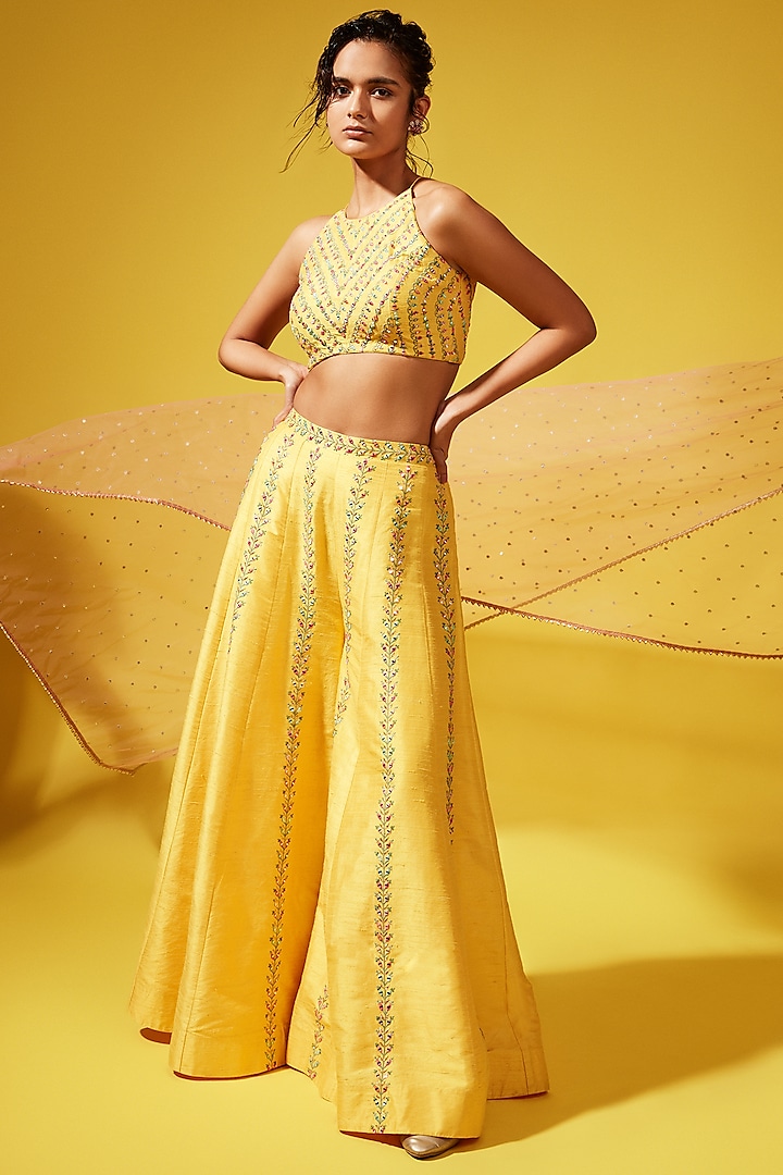 Yellow Embroidered Pant Set by Chamee and Palak