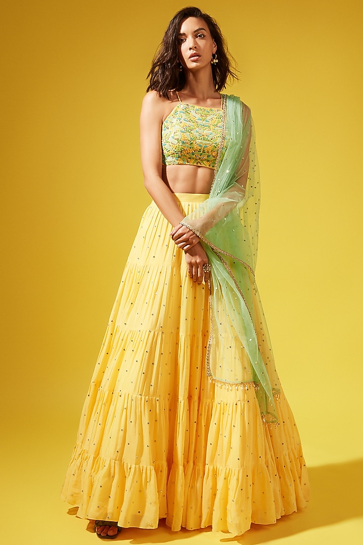 Yellow Georgette Wedding Lehenga Set by Chamee and Palak at Pernia's Pop Up Shop