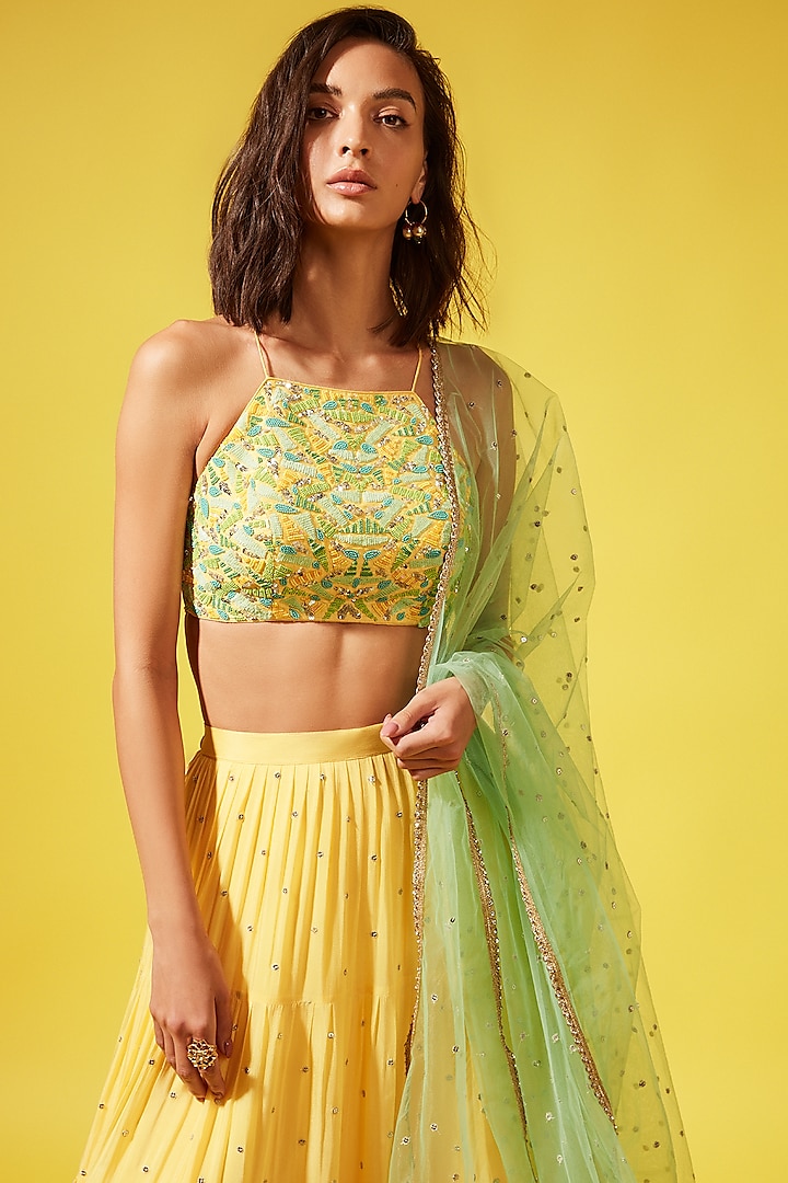 Yellow Georgette Wedding Lehenga Set by Chamee and Palak at Pernia's Pop Up Shop