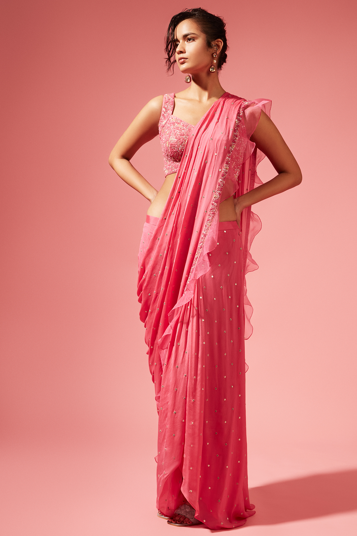 Geranium Pink Georgette Pre-Stitched Wedding Saree Set by Chamee and Palak at Pernia's Pop Up Shop