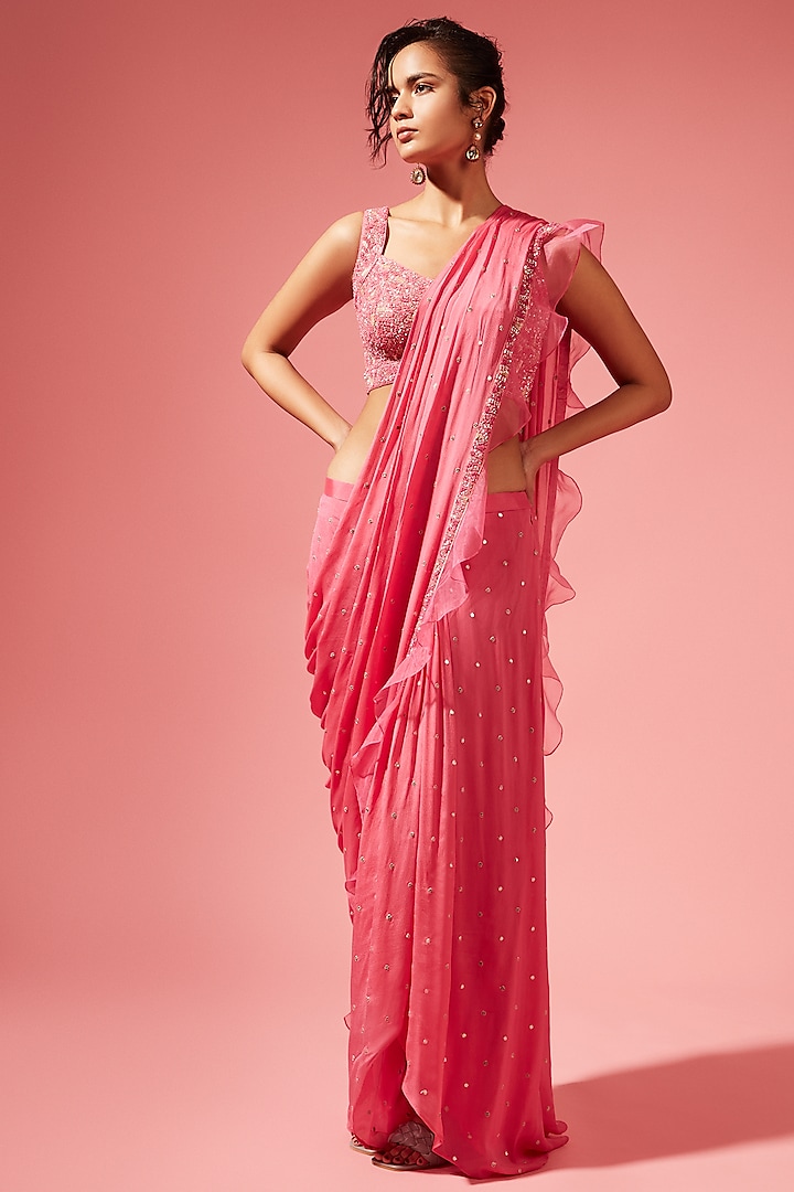 Geranium Pink Georgette Pre-Stitched Saree Set by Chamee and Palak