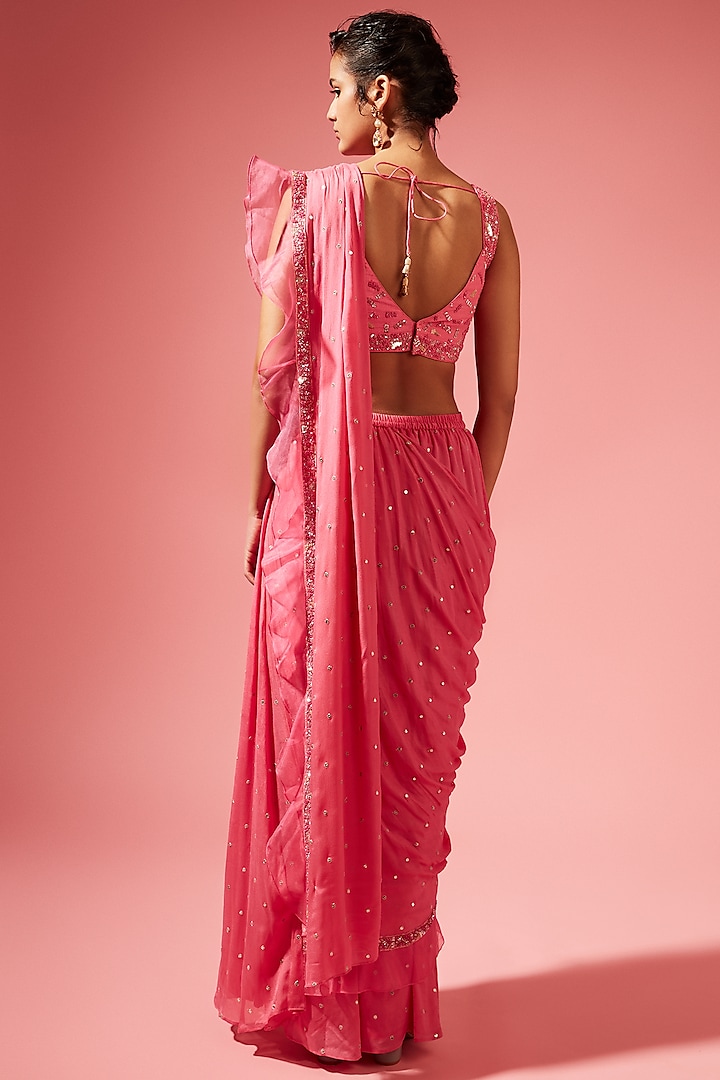 Geranium Pink Georgette Pre-Stitched Wedding Saree Set by Chamee and Palak at Pernia's Pop Up Shop