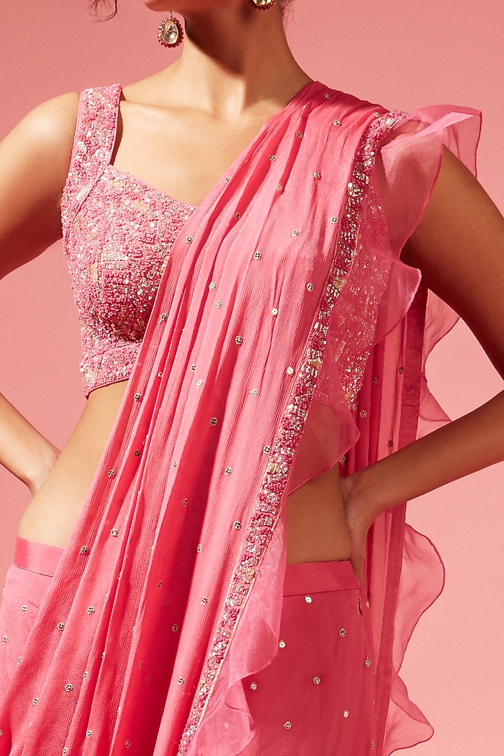Geranium Pink Georgette Pre-Stitched Wedding Saree Set by Chamee and Palak at Pernia's Pop Up Shop