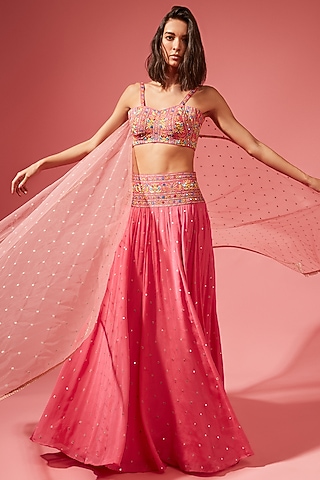 Geranium Pink Embroidered Skirt Set by Chamee and Palak