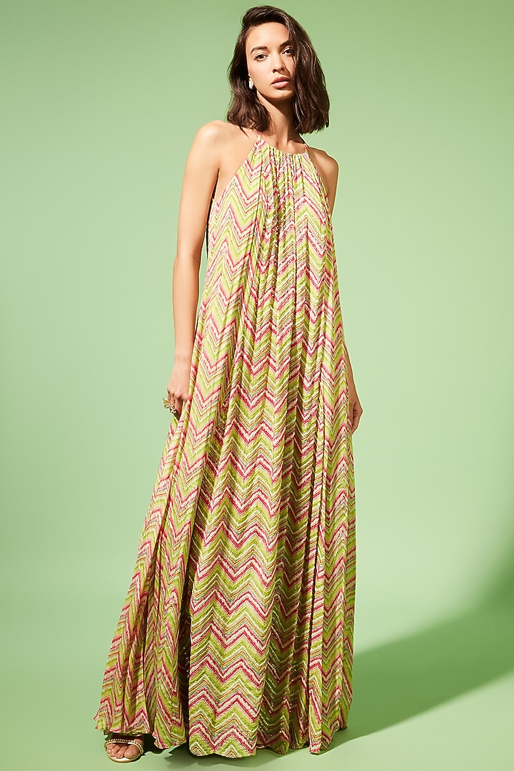 Light Olive Green Embroidered Maxi Vacation Dress by Chamee and Palak at Pernia's Pop Up Shop