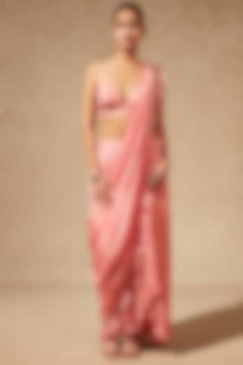 Peach Georgette Sequins Embroidered Pre-Stitched Saree Set by Chamee and Palak