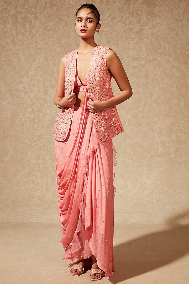 Peach Georgette Sequins Embroidered Pre-Stitched Wedding Saree Set by Chamee and Palak at Pernia's Pop Up Shop