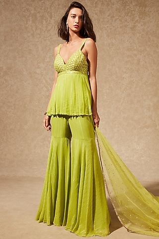 Neon Green Georgette Pant Set by Chamee and Palak