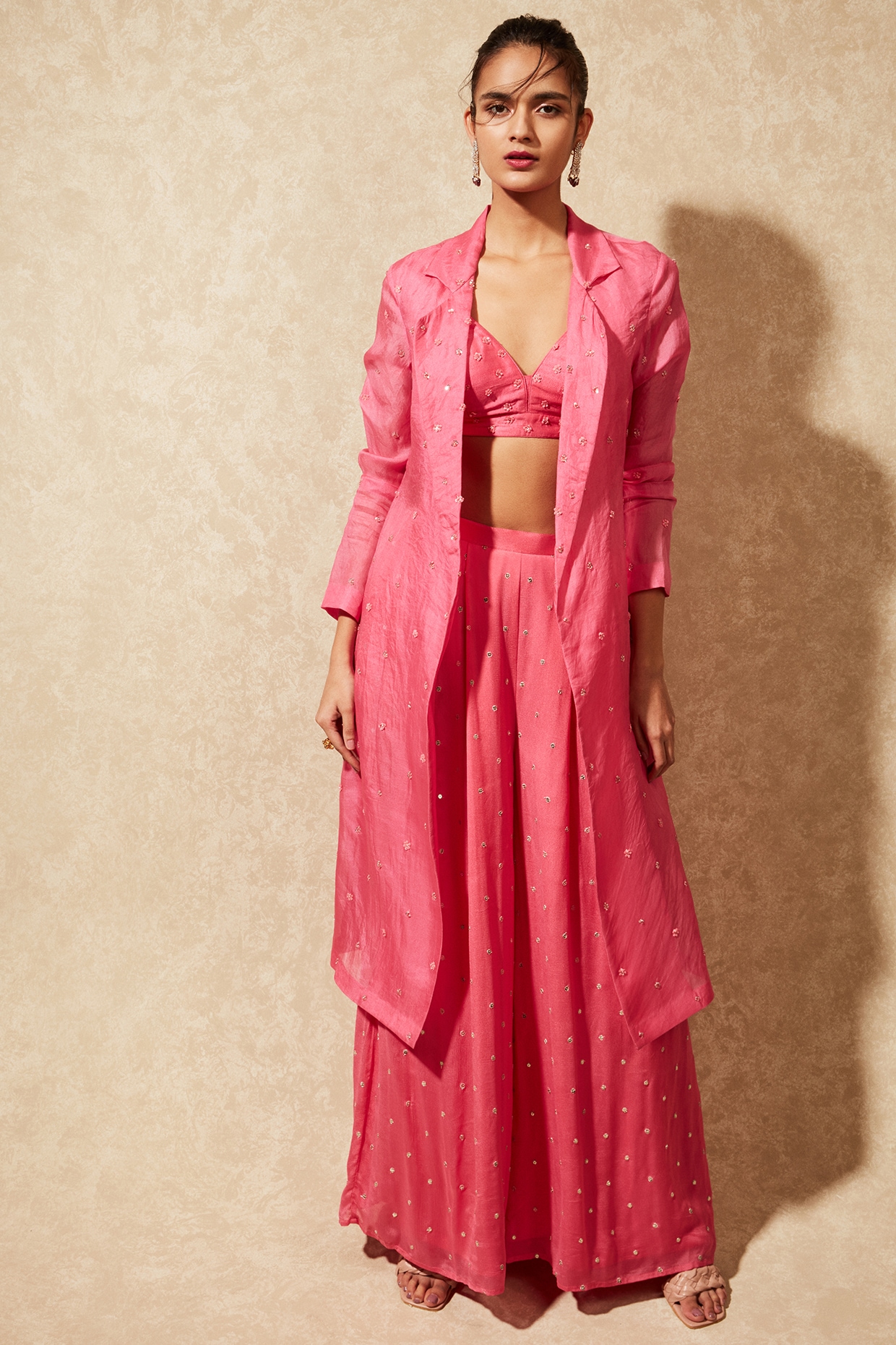 French Pink Organza Jacket Set Design 