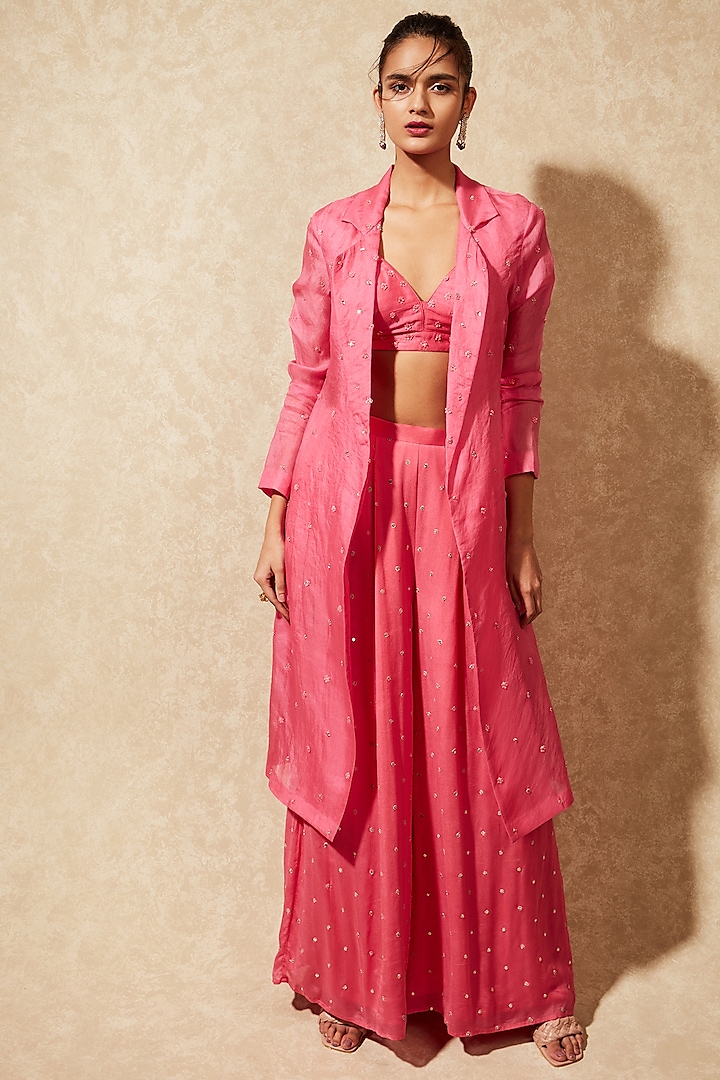 French Pink Organza Jacket Set by Chamee and Palak