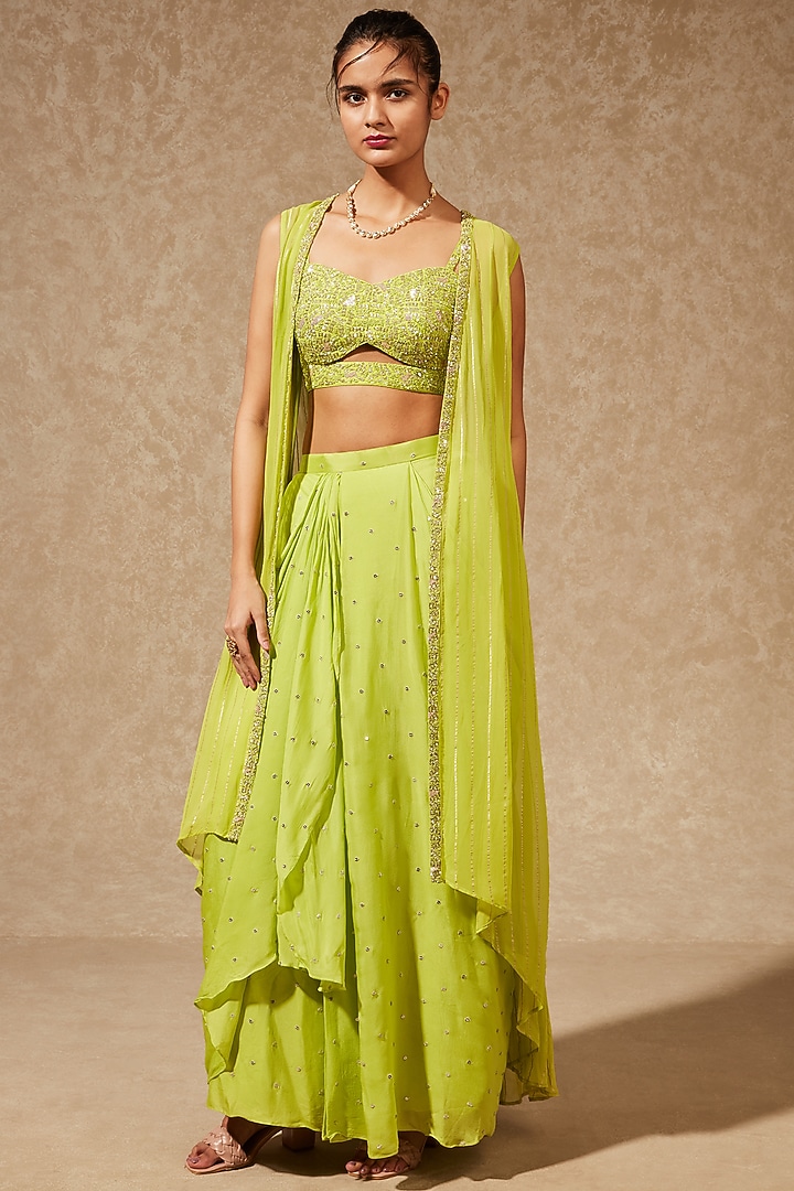 Neon Green Georgette Skirt Set by Chamee and Palak at Pernia's Pop Up Shop