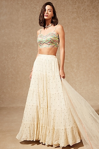 Off White Georgette Lehenga Set by Chamee and Palak