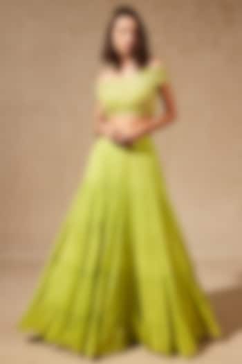 Neon Green Georgette Lehenga Set by Chamee and Palak