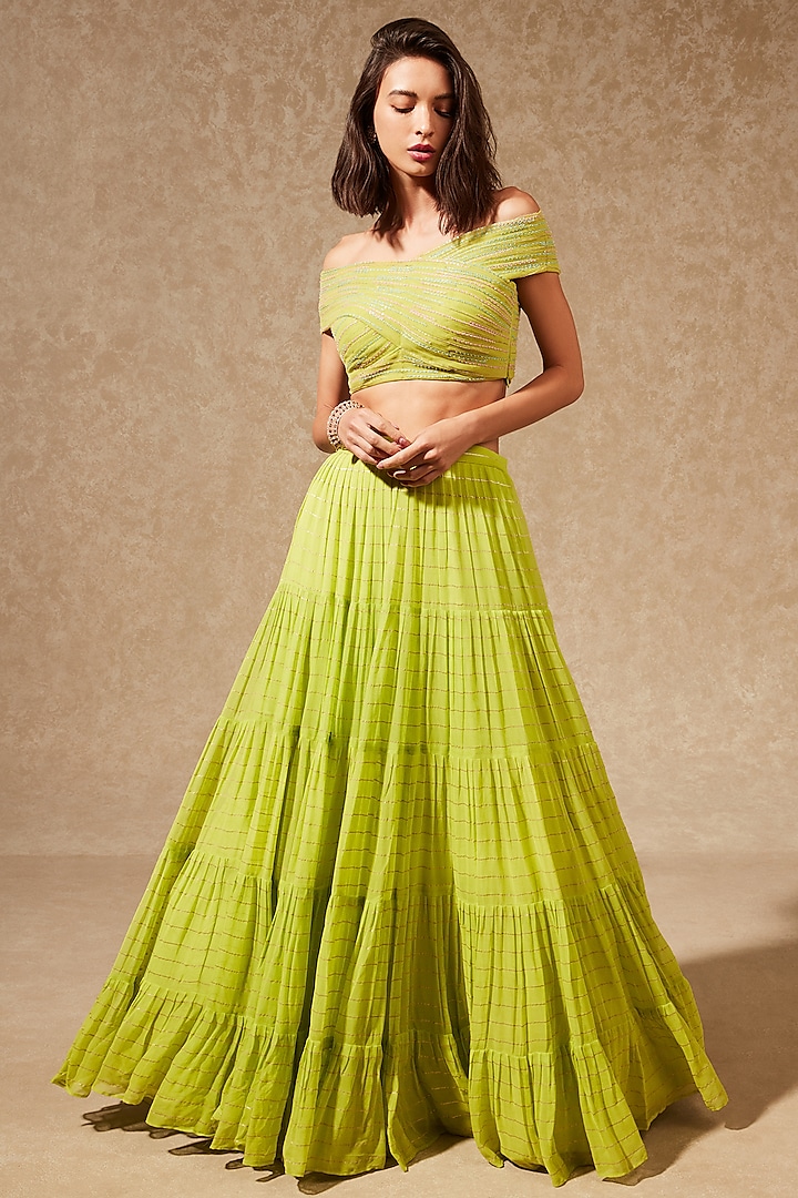 Neon Green Georgette Lehenga Set by Chamee and Palak