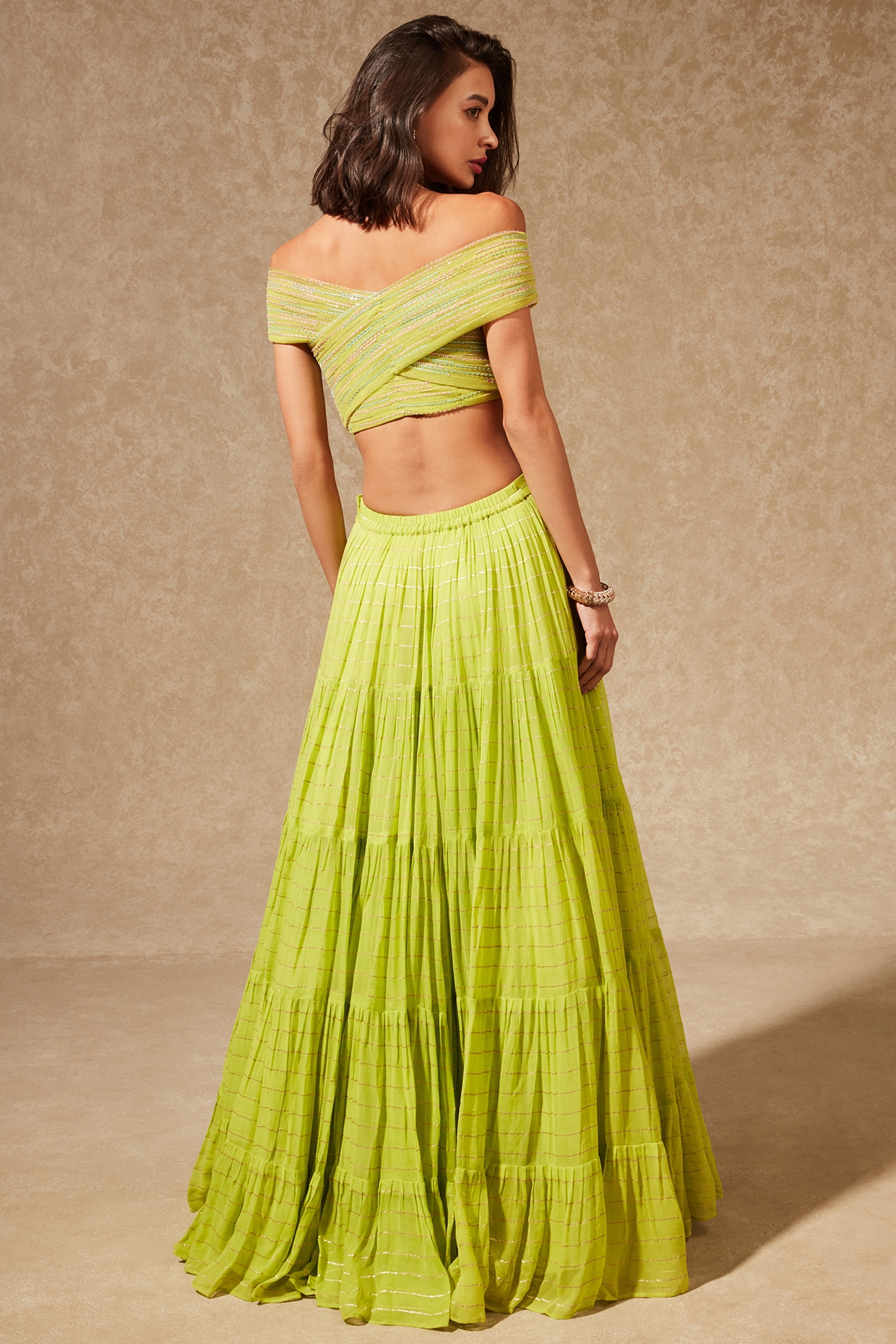 Lime Green Heavy Work Crop Top Lehenga Set – AmithiFashions