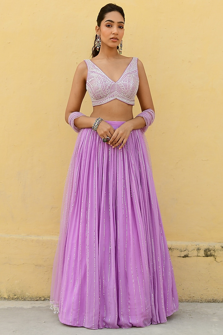 Lavender Georgette Hand Embroidered Lehenga Set by Chamee and Palak