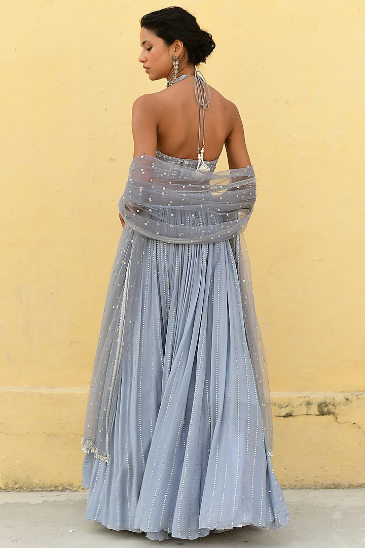 Grey Georgette Hand Embroidered Wedding Lehenga Set by Chamee and Palak at Pernia's Pop Up Shop