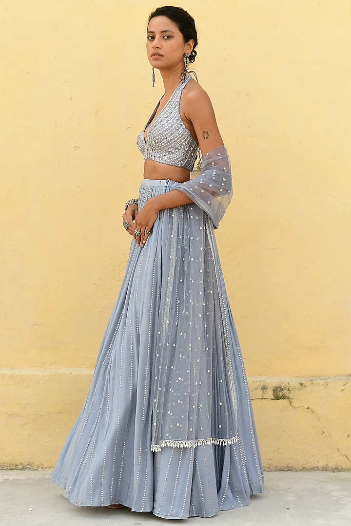 Grey Georgette Hand Embroidered Wedding Lehenga Set by Chamee and Palak at Pernia's Pop Up Shop
