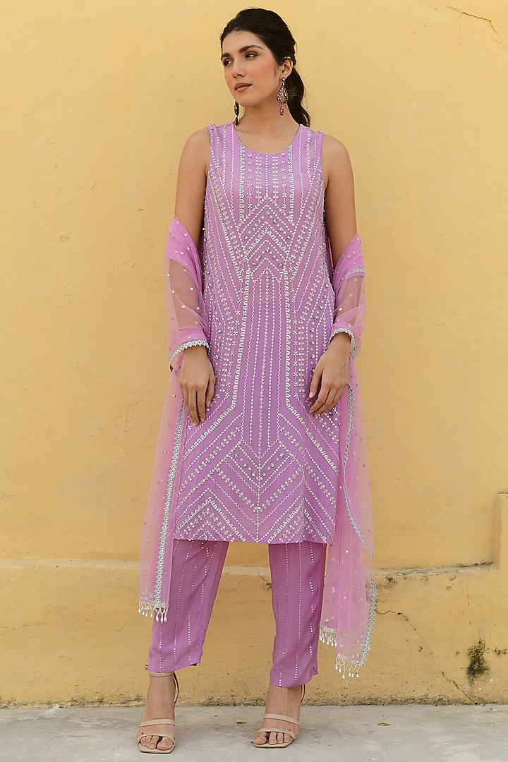 Lavender Crepe Hand Embroidered Kurta Set by Chamee and Palak