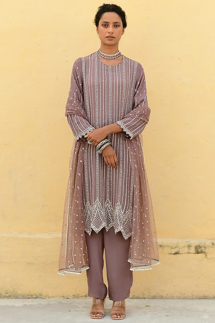 Brown Crepe Hand Embroidered Kurta Set by Chamee and Palak