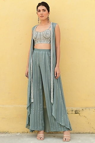 Green Silk Hand Embroidered Cape Set by Chamee and Palak