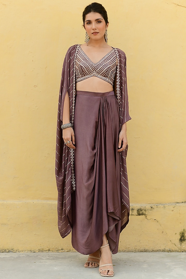 Brown Silk Hand Embroidered Cape Set by Chamee and Palak