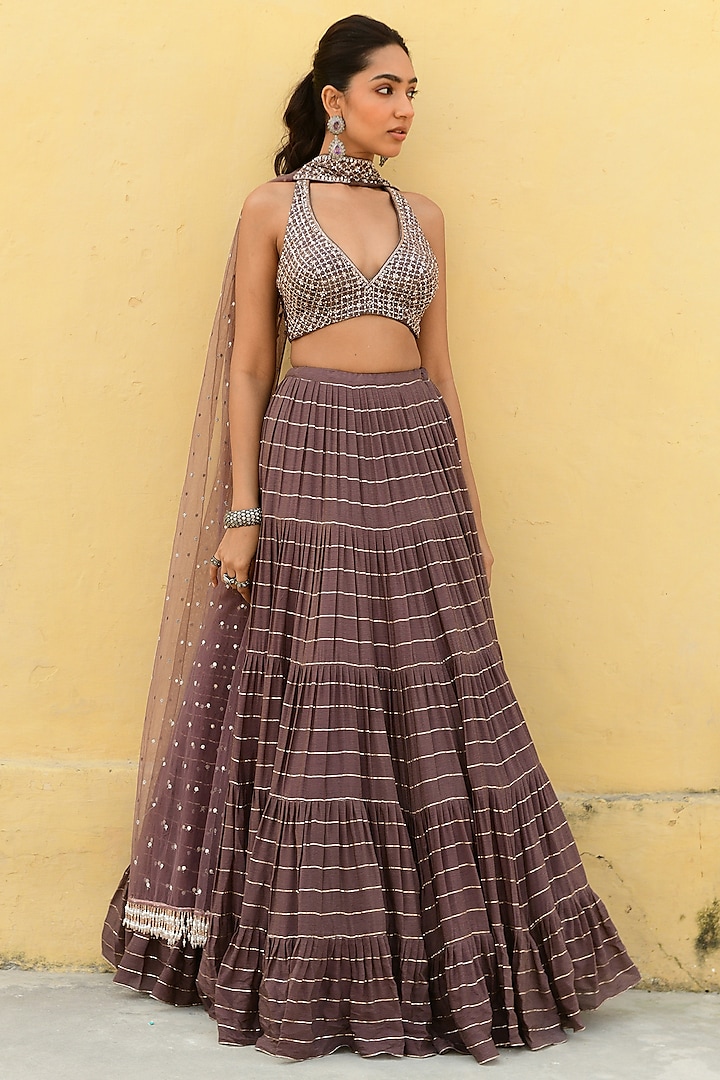 Brown Georgette Hand Embroidered Frilled Wedding Lehenga Set by Chamee and Palak at Pernia's Pop Up Shop