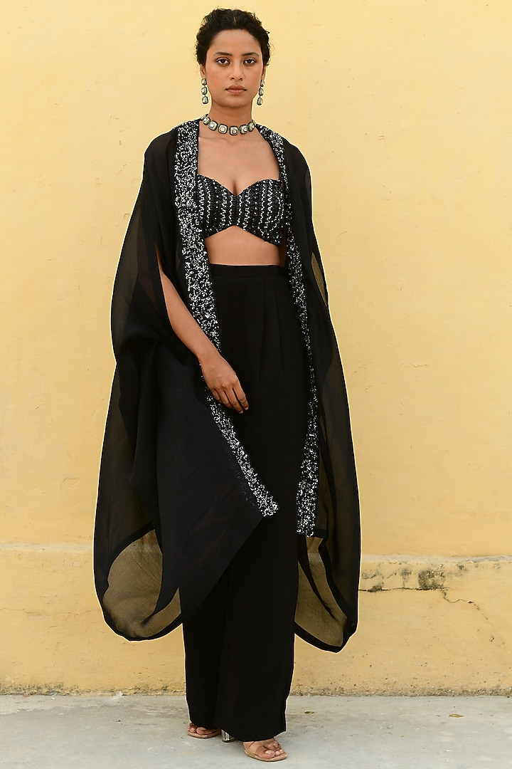 Black Organza Hand Embroidered Cape Set by Chamee and Palak
