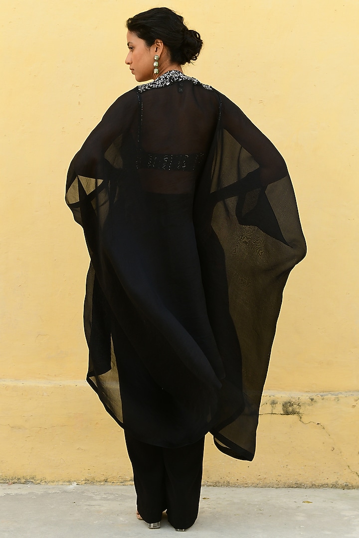 Black Organza Hand Embroidered Cape Set by Chamee and Palak at Pernia's Pop Up Shop